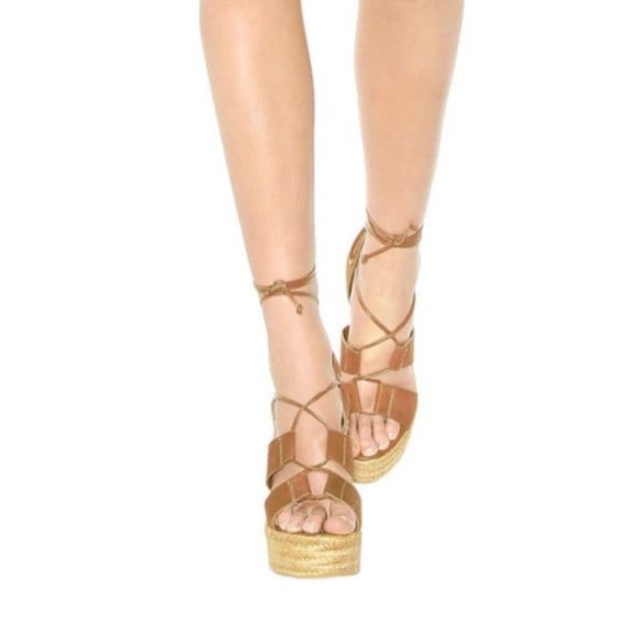 Saint Laurent Leather Espadrille Wedge Brown Sz 39 - Picture 2 of 11